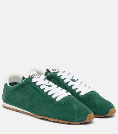 Miu Miu Oleandro Lace Up Suede Calf Leather Sneakers In Green
