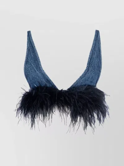 Miu Miu Plunging Neckline Feather Trim Top In Blue