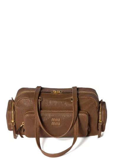 Miu Miu Pocket Washed Nappa Leather Bag In Oak