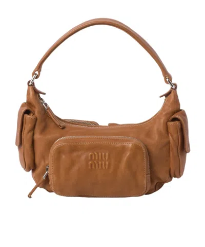 Miu Miu Pocket Leather Shoulder Bag In Brown