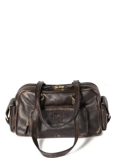Miu Miu Pocket Logo-embossed Tote Bag In Brown
