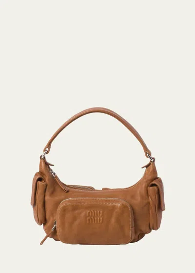 Miu Miu Pocket Washed Leather Shoulder Bag In F098l Caramel