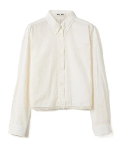 Miu Miu Point-neck Long-sleeved Shirt In White