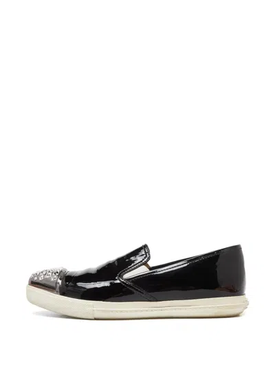 Pre-owned Miu Miu Pointed-toed Crystal-embellished Leather Loafers In Black