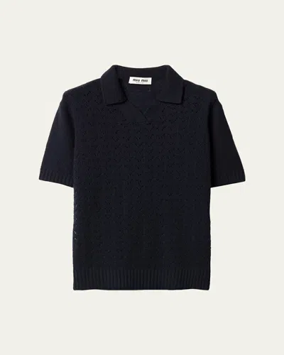 Miu Miu Pointelle Cashmere Knit Short-sleeve Polo Sweater In Blue