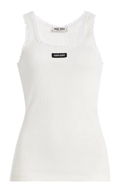 Miu Miu Pointelle Knitted Cotton Tank Top In White