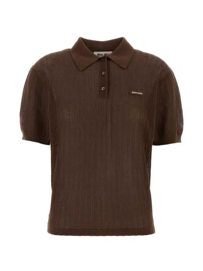 Miu Miu Pointelle-knit Polo Shirt In Brown
