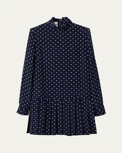 Miu Miu Polka Dot Crepe De Chine Scarf Collar Pleated Mini Dress In F069q Blu Avorio