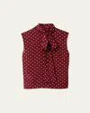 Miu Miu Polka Dot Crepe De Chine Scarf Collar Top In Amaranto Avorio