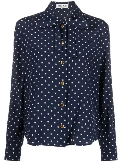 Miu Miu Polka-dot Silk Scarf-neck Shirt In Blue
