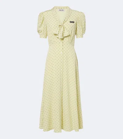 Miu Miu Polka-dot Tie-neck Silk Midi Dress In Gray
