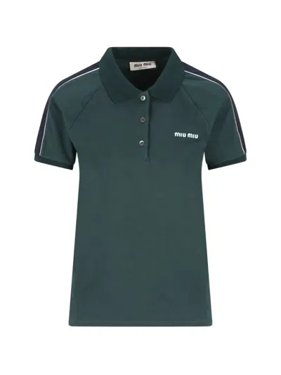 Miu Miu Two-tone Jersey Polo With Embroidered Logo In Green