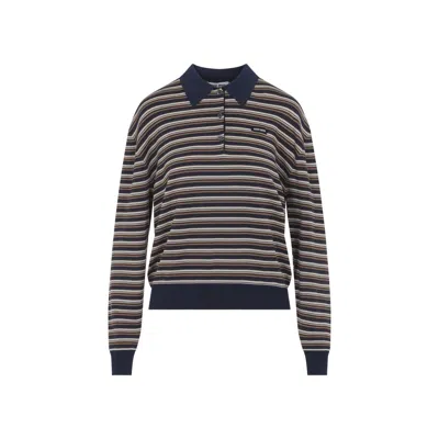 Miu Miu Polo Shirt Ribbed Cuffs Striped Pattern In Blue