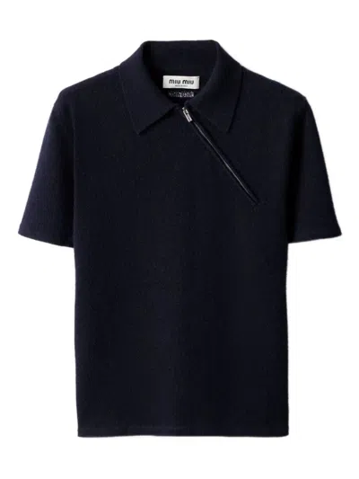 Miu Miu Polo T-shirt With Asymmetric Zip In Blue