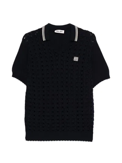 Miu Miu Polo Mc Crochet Navy Striped Collar Logo In Black