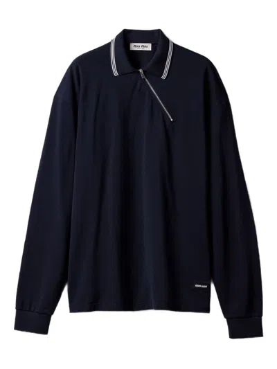 Miu Miu Polo Mc Navy White Striped Zip Collar In Blue
