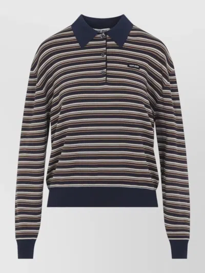 Miu Miu Polo Shirt Ribbed Cuffs Striped Pattern In Blue