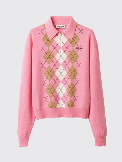 Miu Miu Argyle Pattern Polo With Ribbed Cuffs And Hem In Pink