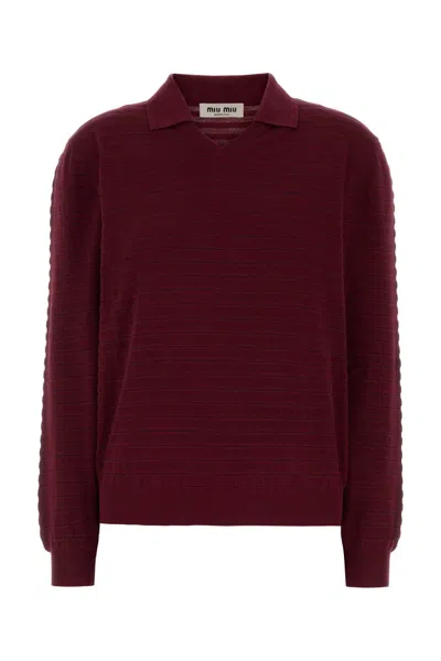 Miu Miu Embroidered Cotton Polo Collar Sweater In Burgundy