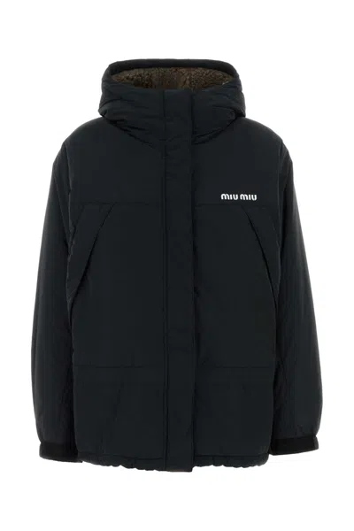 Miu Miu Polyester Blend Down Jacket With Recycled Nylon And Wool Lining In Multi