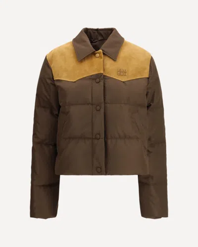 Miu Miu Pongé Tec And Leather Down Jacket In Brown