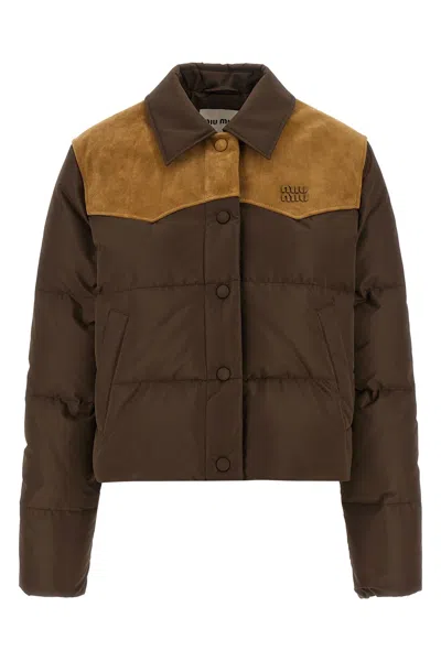 Miu Miu Pongé Tec Down Jacket In Brown