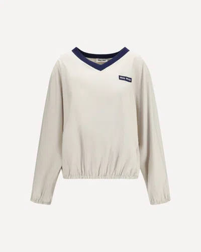 Miu Miu Jacket Elastic Hem Long Sleeves V Neckline In White