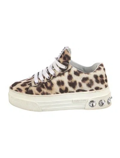 Pre-owned Miu Miu Ponyhair Animal Print Sneakers In Brown