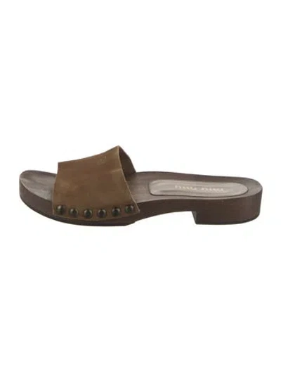 Pre-owned Miu Miu Ponyhair Studded Accents Slides In Brown