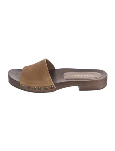 Pre-owned Miu Miu Ponyhair Studded Accents Slides In Brown