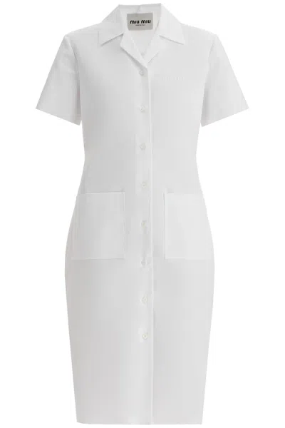 Miu Miu Short-sleeve Poplin Button Down Midi Dress In White