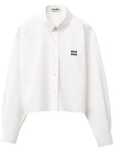 Miu Miu Cropped Long Sleeve Shirt With Point Collar In White