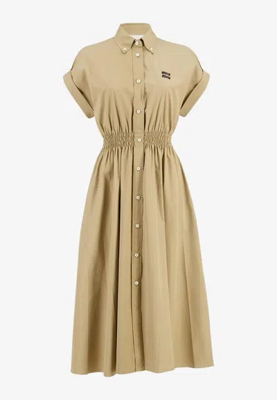 Miu Miu Poplin Embroidered Shirt Midi Dress In Neutral