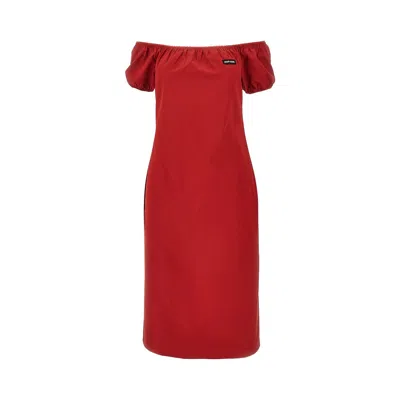 Miu Miu Midi Dress With Offtheshoulder Design And Logo Detail In Burgundy