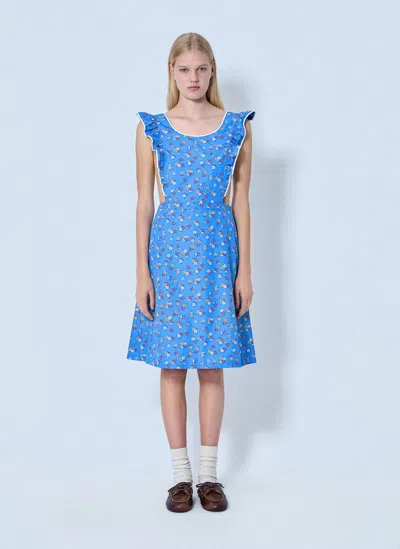 Miu Miu Dress Open Back Floral Pattern Ruffled Sleeves In Blue