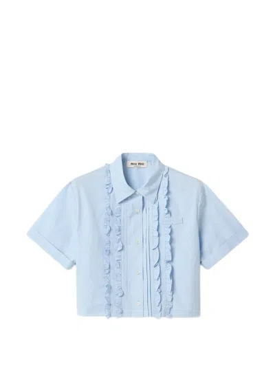 Miu Miu Cropped Shirt Short Sleeves Ruffled Front In Blue