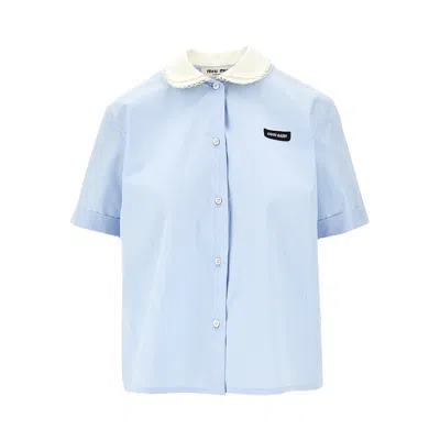 Miu Miu Poplin Shirt With Embroidered Collar In Blue