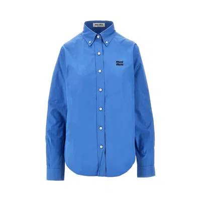 Miu Miu Poplin Shirt With Logo Embroidery In Blue