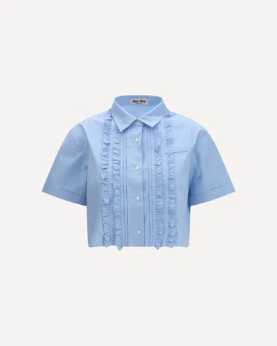 Miu Miu Cropped Shirt Short Sleeves Ruffled Front In Blue