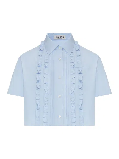 Miu Miu Poplin Shirt With Ruffled Details In Blue