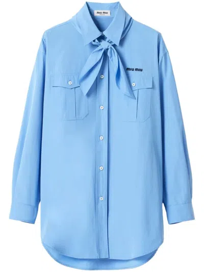 Miu Miu Poplin Shirt With Scarf In Blue