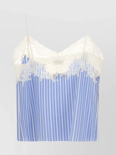 Miu Miu Poplin Top With Embroidered Lace Trim In Blue