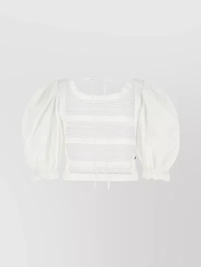 Miu Miu Poplin Top With Puff Sleeves And Drawstring Detail In White