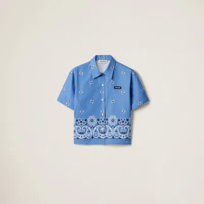 Miu Miu Popline Cotton Shirt With Logo In Blue