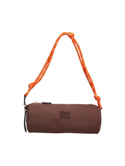 Miu Miu Pouch Logo In Cotton Gabardine In Brown