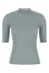 Miu Miu Silk Top With Mock Neck And Short Sleeves In Gray