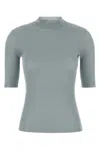 Miu Miu Silk Top With Mock Neck And Short Sleeves In Blue
