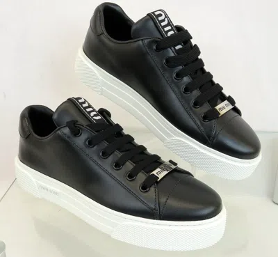 Pre-owned Miu Miu Prada 5e165d Black Leather Metal Logo Lace Up Platform Sneakers 37.5