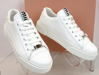 Pre-owned Miu Miu Prada 5e165d White Leather Metal Logo Lace Up Platform Sneakers 39