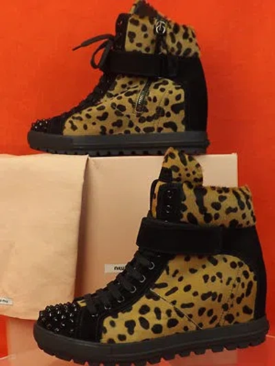 Pre-owned Miu Miu Prada 5t8852 Leopard Pony Hair Hi Top Studded Logo Sneakers 39.5 In Multicolor